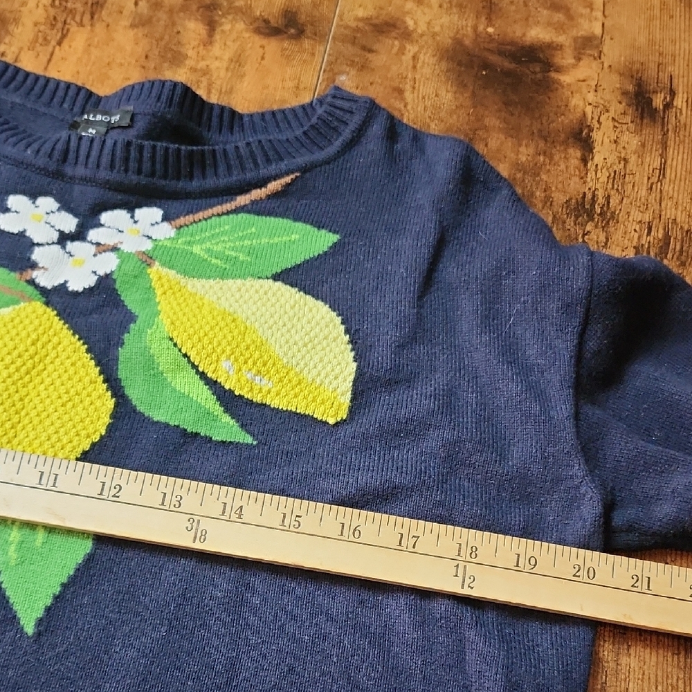 TALBOTS | Navy Fresh Lemon Intarsia Cotton Blend Preppy Pullover Sweater | M - Picture 7 of 9